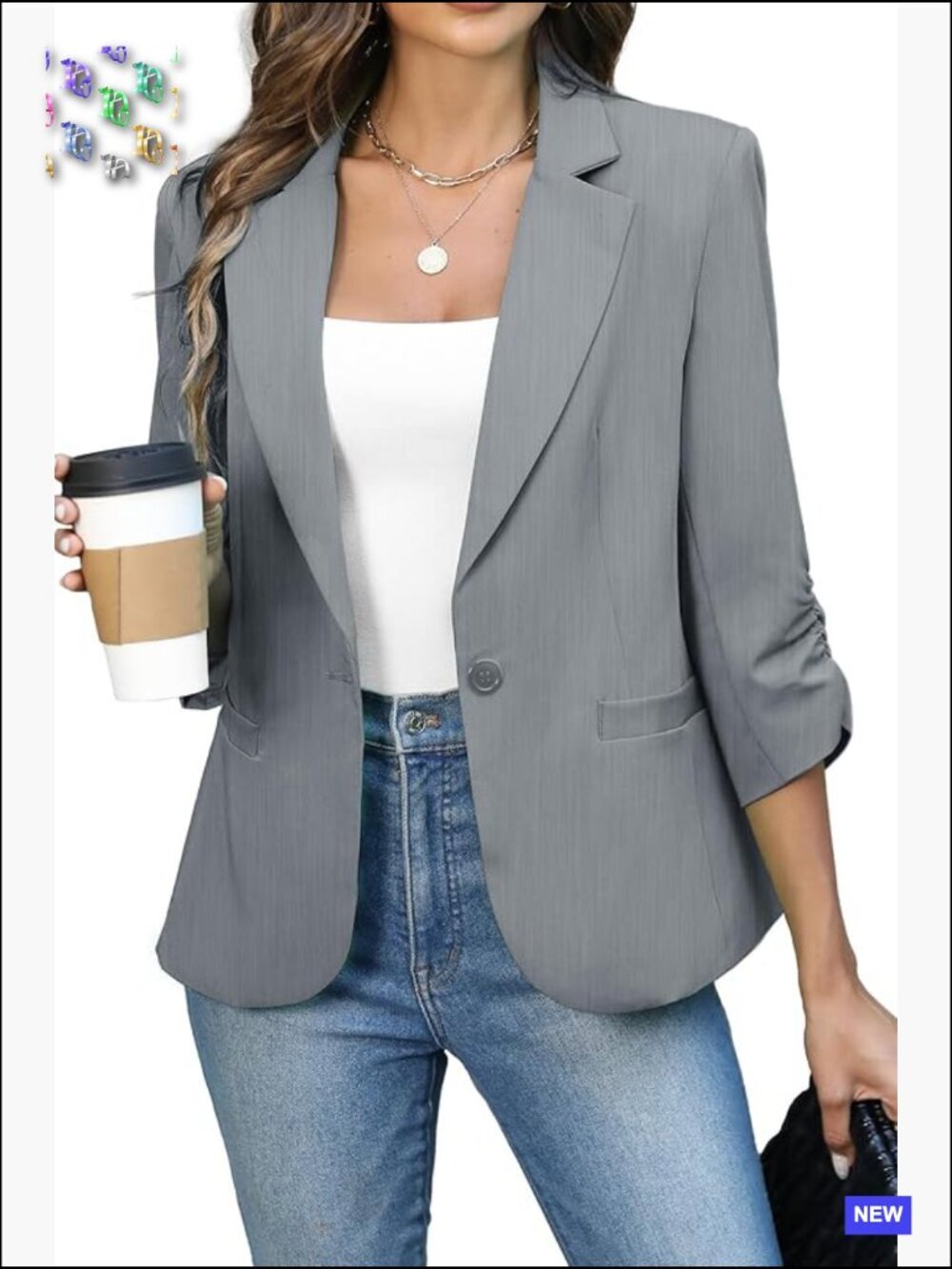 Ruched 3/4 Sleeve Blazer Lightweight Slim Fit Business Casual Padded Shoulder